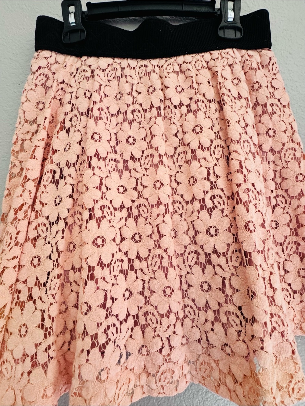 LuLaRoe Blush Pink Lace Midi Skirt with Black Waistband